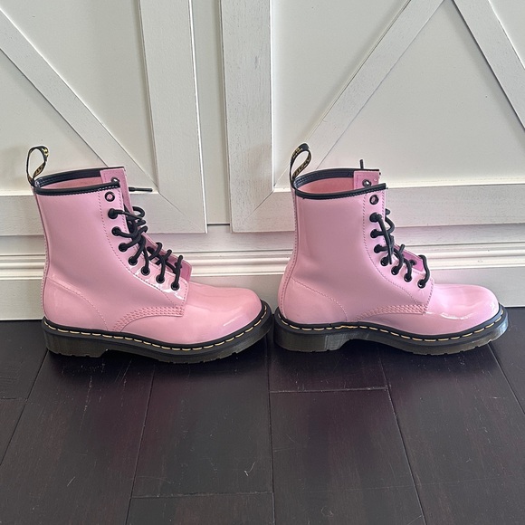 Dr. Martens Glossy Baby Pink Combat Boots - Picture 3 of 8